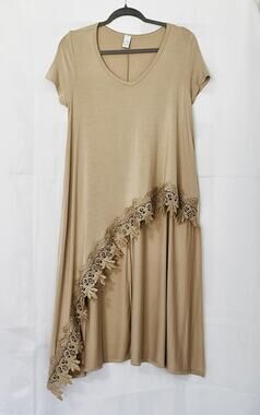 Tan Asymmetrical Maxi Tunic Top Cover-Up Short Sleeve Lace Trim Small
